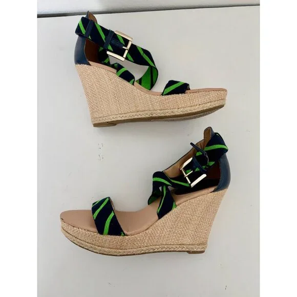 Tommy Hilfiger Sandals 10 Wedge Navy Green Striped Espadrille Preppy Nautical - Picture 8 of 16